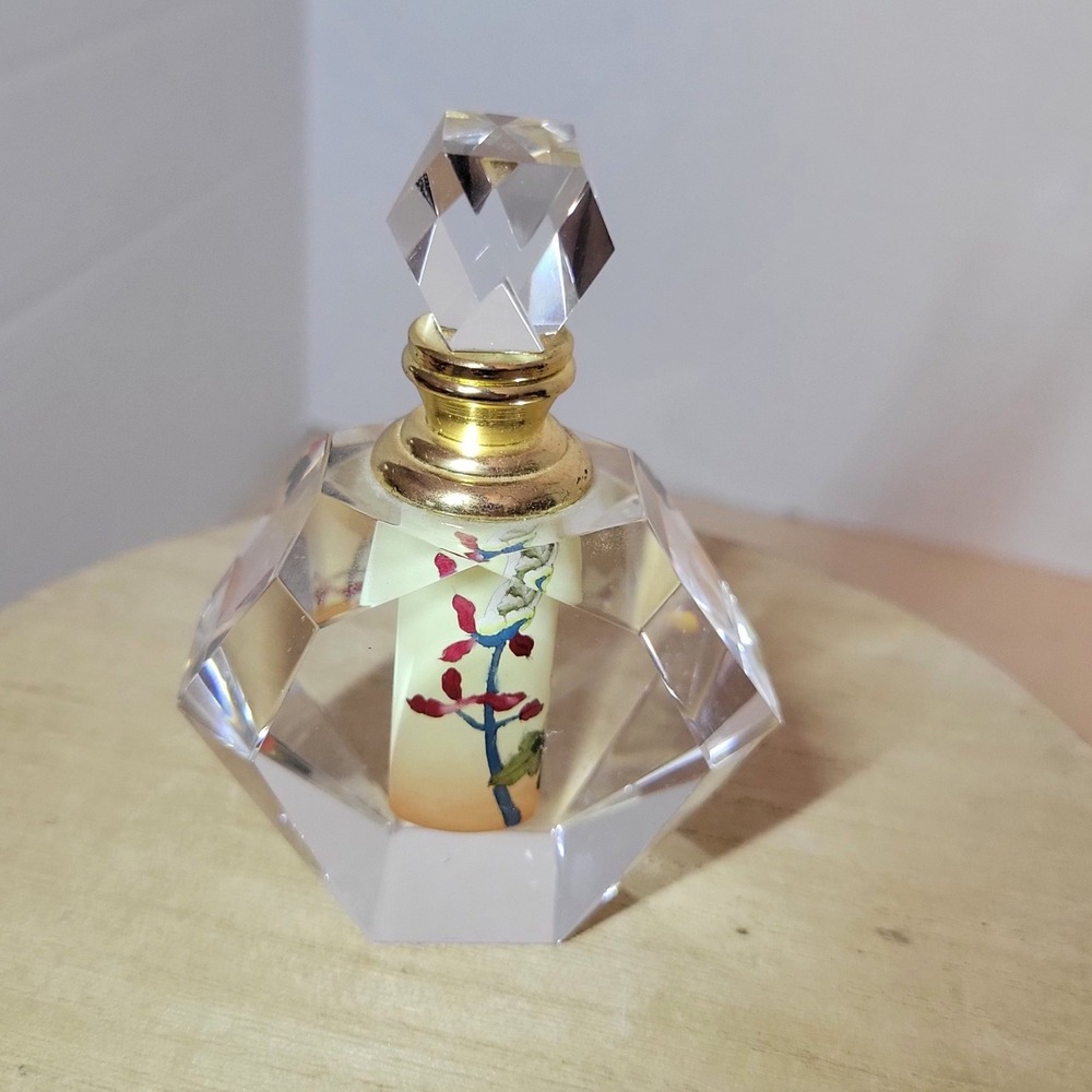 Hand Painted Crystal Perfume Bottle Faceted Glass Floral Rose Gold Tone Dabber